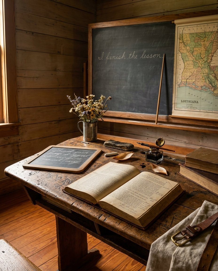 A schoolroom desk from the Academy era — open book, slate, inkwell, chalkboard, Louisiana map